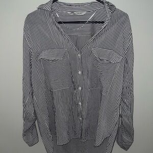 Zara Women's Blue and White Striped Button Down Shirt L